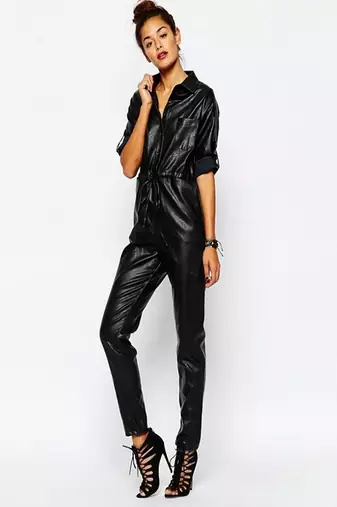 Women’s black soft lambskin leather utility stylish jumpsuit