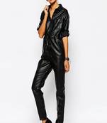 Women’s black soft lambskin leather utility stylish jumpsuit