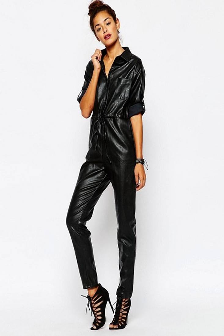 Women’s black soft lambskin leather utility stylish jumpsuit