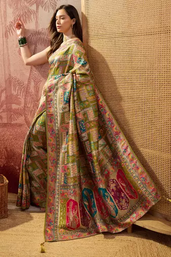 Green viscose silk position print saree with contrast blouse piece