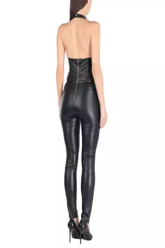 Women’s black soft lambskin leather utility sleeveless sexy jumpsuit