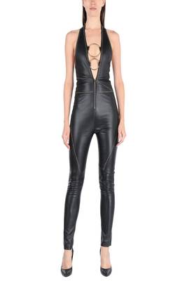 Women’s black soft lambskin leather utility sleeveless sexy jumpsuit 1