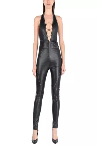 Women’s black soft lambskin leather utility sleeveless sexy jumpsuit