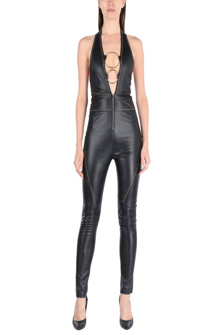 Women’s black soft lambskin leather utility sleeveless sexy jumpsuit