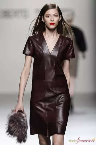 Women’s genuine lambskin maroon dressv-neck dress