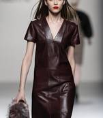 Women’s genuine lambskin maroon dressv-neck dress