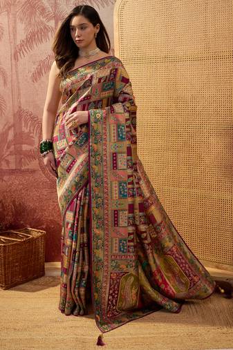 Purple viscose silk position print saree with contrast blouse piece