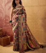 Purple viscose silk position print saree with contrast blouse piece