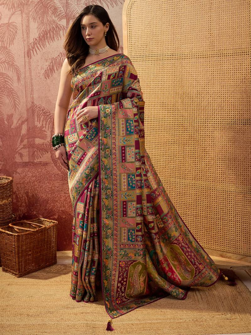 Purple viscose silk position print saree with contrast blouse piece