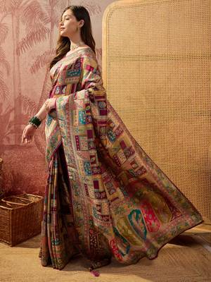 Purple viscose silk position print saree with contrast blouse piece 2