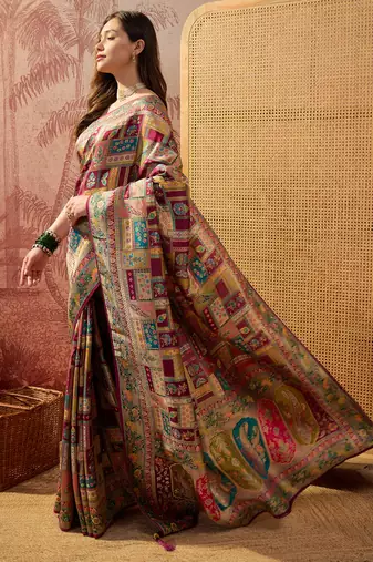 Purple viscose silk position print saree with contrast blouse piece