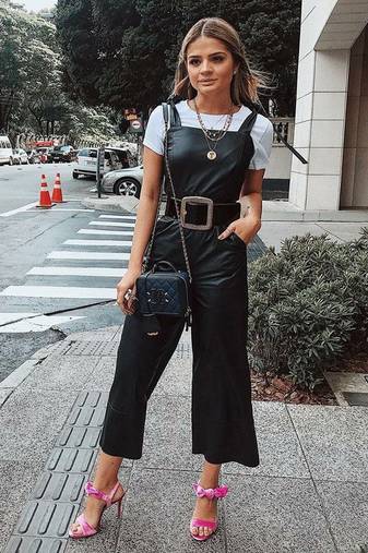 Women’s black soft lambskin leather utility sleeveless with waist belt jumpsuit