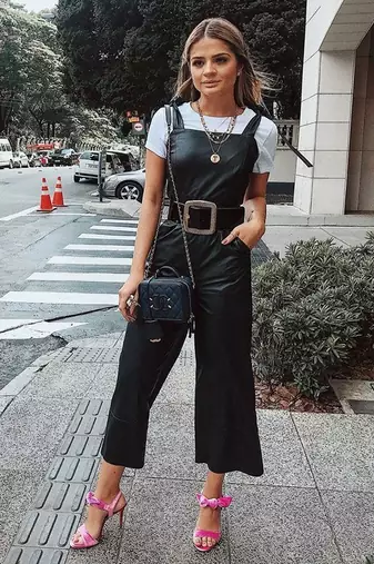 Women’s black soft lambskin leather utility sleeveless with waist belt jumpsuit