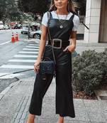 Women’s black soft lambskin leather utility sleeveless with waist belt jumpsuit