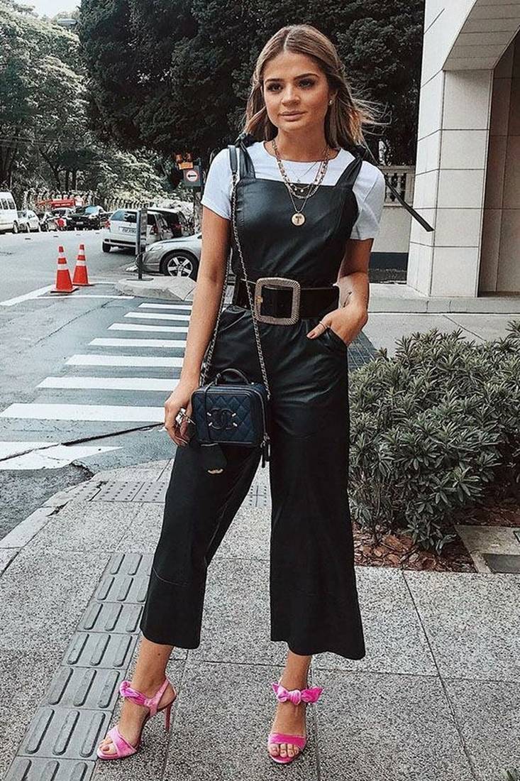 Women’s black soft lambskin leather utility sleeveless with waist belt jumpsuit