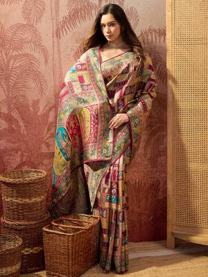 Purple viscose silk position print saree with contrast blouse piece 3