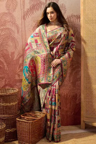 Purple viscose silk position print saree with contrast blouse piece