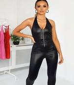 Women’s black soft lambskin leather utility sleeveless jumpsuit