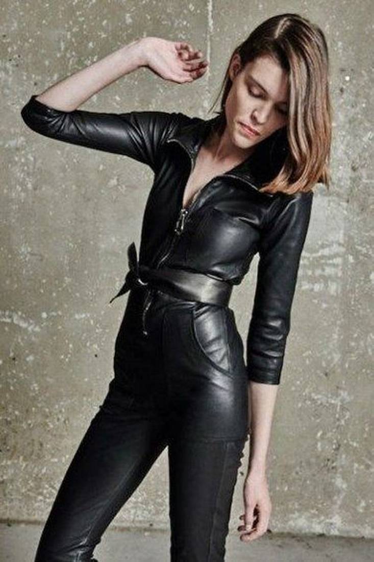 Women’s black soft lambskin leather utility 3/4 sleeve jumpsuit