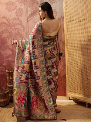 Purple viscose silk position print saree with contrast blouse piece 4