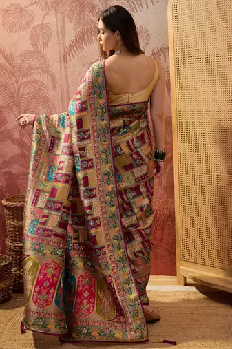 Purple viscose silk position print saree with contrast blouse piece