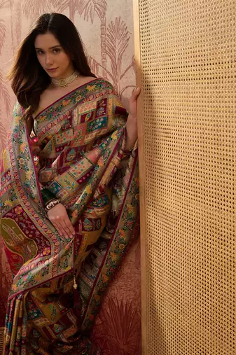 Purple viscose silk position print saree with contrast blouse piece