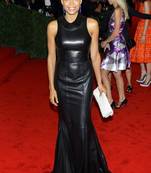 Women’s genuine black leather long dress high-neck evening gown