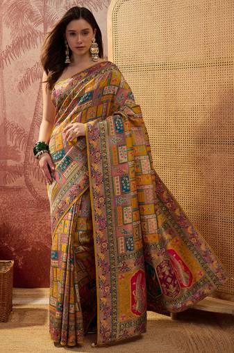Mustard viscose silk position print saree with contrast blouse piece