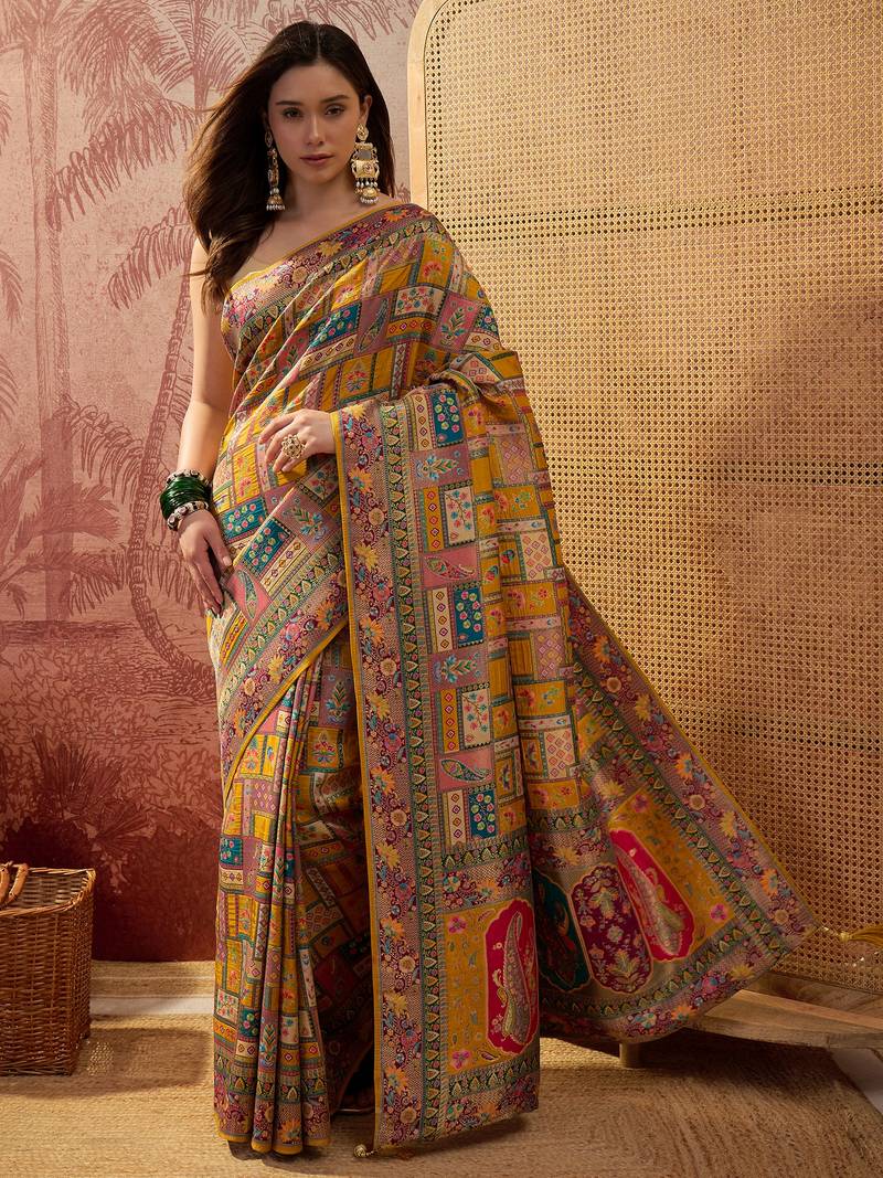 Mustard viscose silk position print saree with contrast blouse piece