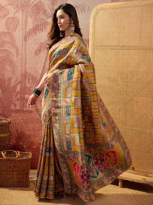 Mustard viscose silk position print saree with contrast blouse piece 2