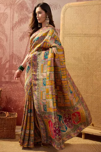 Mustard viscose silk position print saree with contrast blouse piece