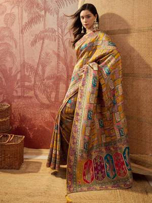 Mustard viscose silk position print saree with contrast blouse piece 3