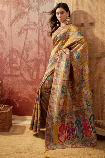 Mustard viscose silk position print saree with contrast blouse piece