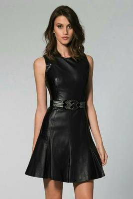Women’s genuine lambskin black dresssleeveless dress 1