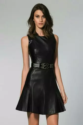 Women’s genuine lambskin black dresssleeveless dress