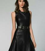 Women’s genuine lambskin black dresssleeveless dress
