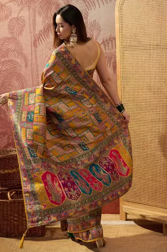 Mustard viscose silk position print saree with contrast blouse piece