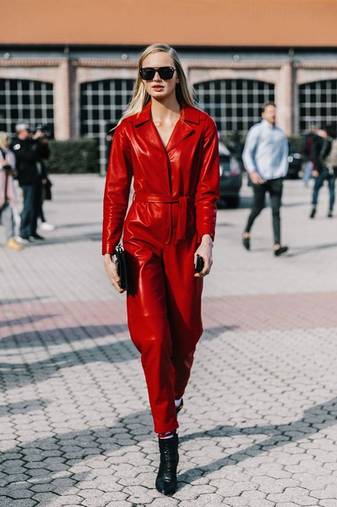 Women’s red soft lambskin leather utility shirt collar stylish jumpsuit