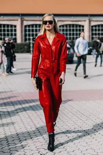 Women’s red soft lambskin leather utility shirt collar stylish jumpsuit