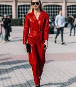 Women’s red soft lambskin leather utility shirt collar stylish jumpsuit