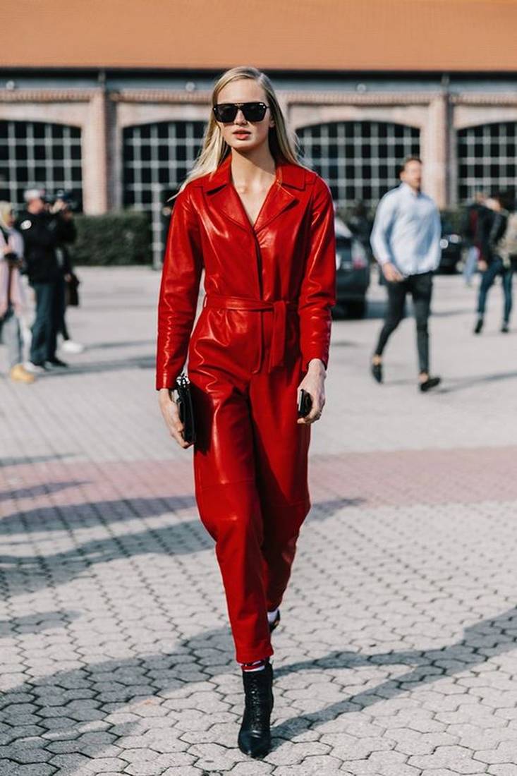 Women’s red soft lambskin leather utility shirt collar stylish jumpsuit