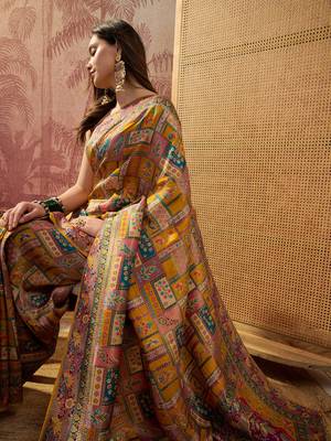 Mustard viscose silk position print saree with contrast blouse piece 5