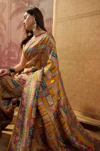 Mustard viscose silk position print saree with contrast blouse piece