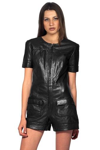 Women’s black soft lambskin leather utility short jumpsuit