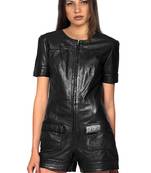 Women’s black soft lambskin leather utility short jumpsuit