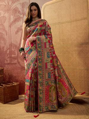 Pink viscose silk position print saree with contrast blouse piece 1