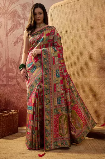 Pink viscose silk position print saree with contrast blouse piece