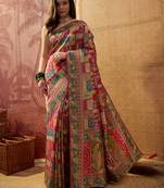 Pink viscose silk position print saree with contrast blouse piece