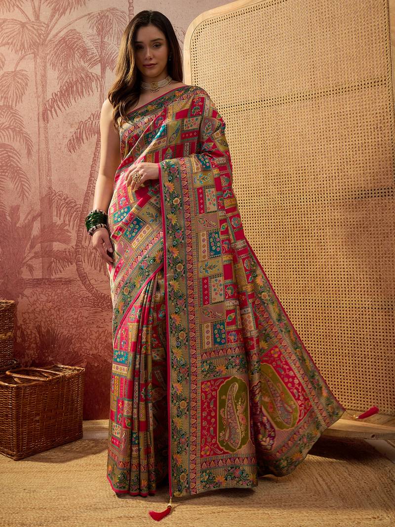 Pink viscose silk position print saree with contrast blouse piece
