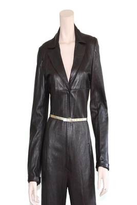 Women’s black soft lambskin leather utility long sleeve leather with waist belt jumpsuit 1